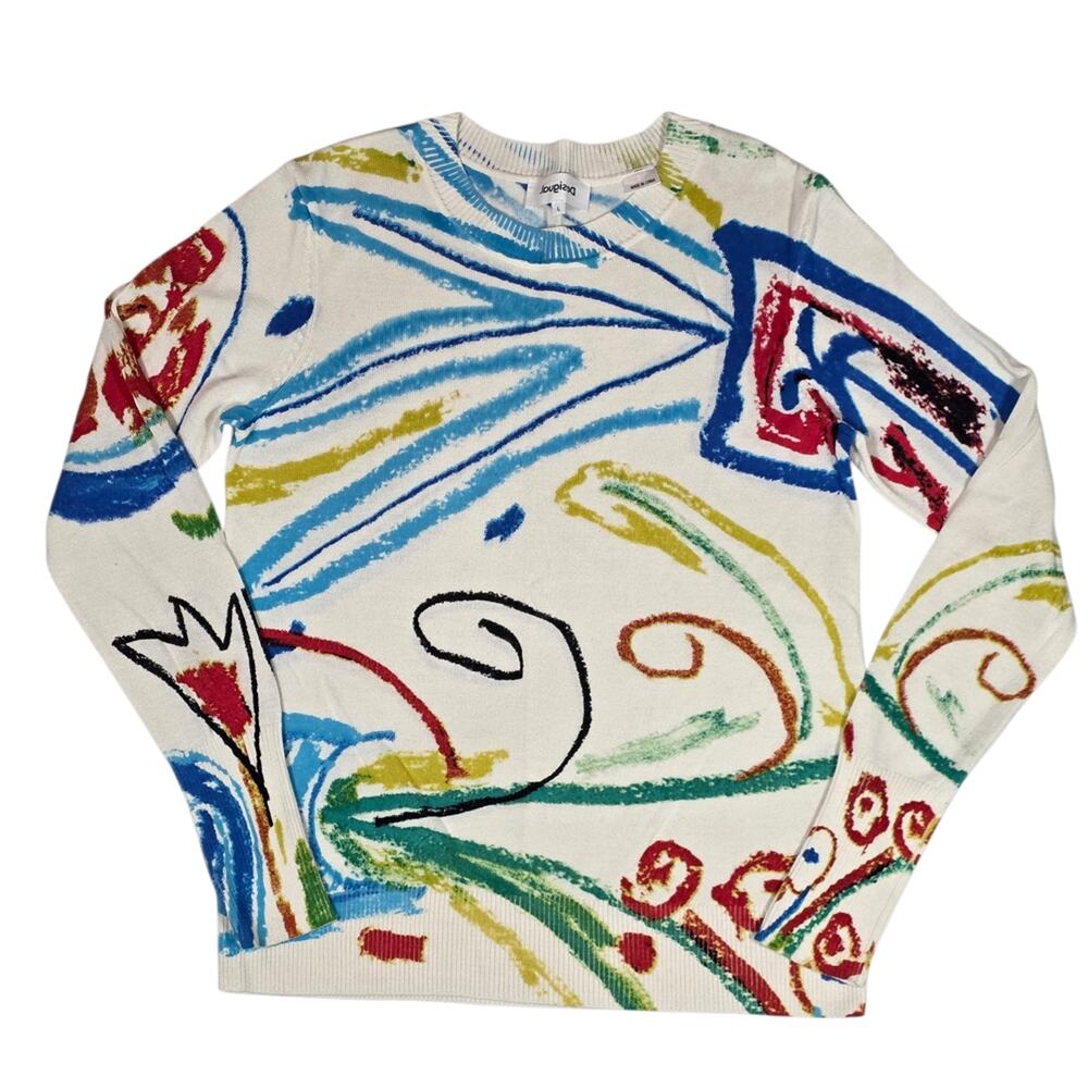 DESIGUAL Crewneck Sweater Abstract Art Print Lightweight Pullover Maximalist